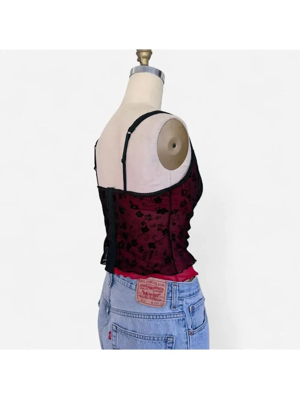 Vintage Y2K Red Black Floral Lace Bustier Corset Top in Burgundy